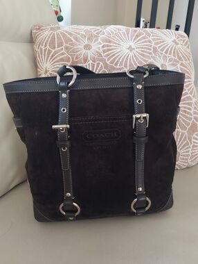 Coach Dark Brown Suede Tote with Black Leather Trim